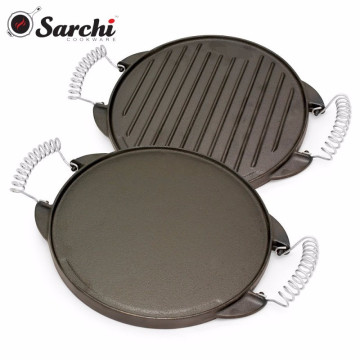 Cast iron reversible round griddle pan with folding handle